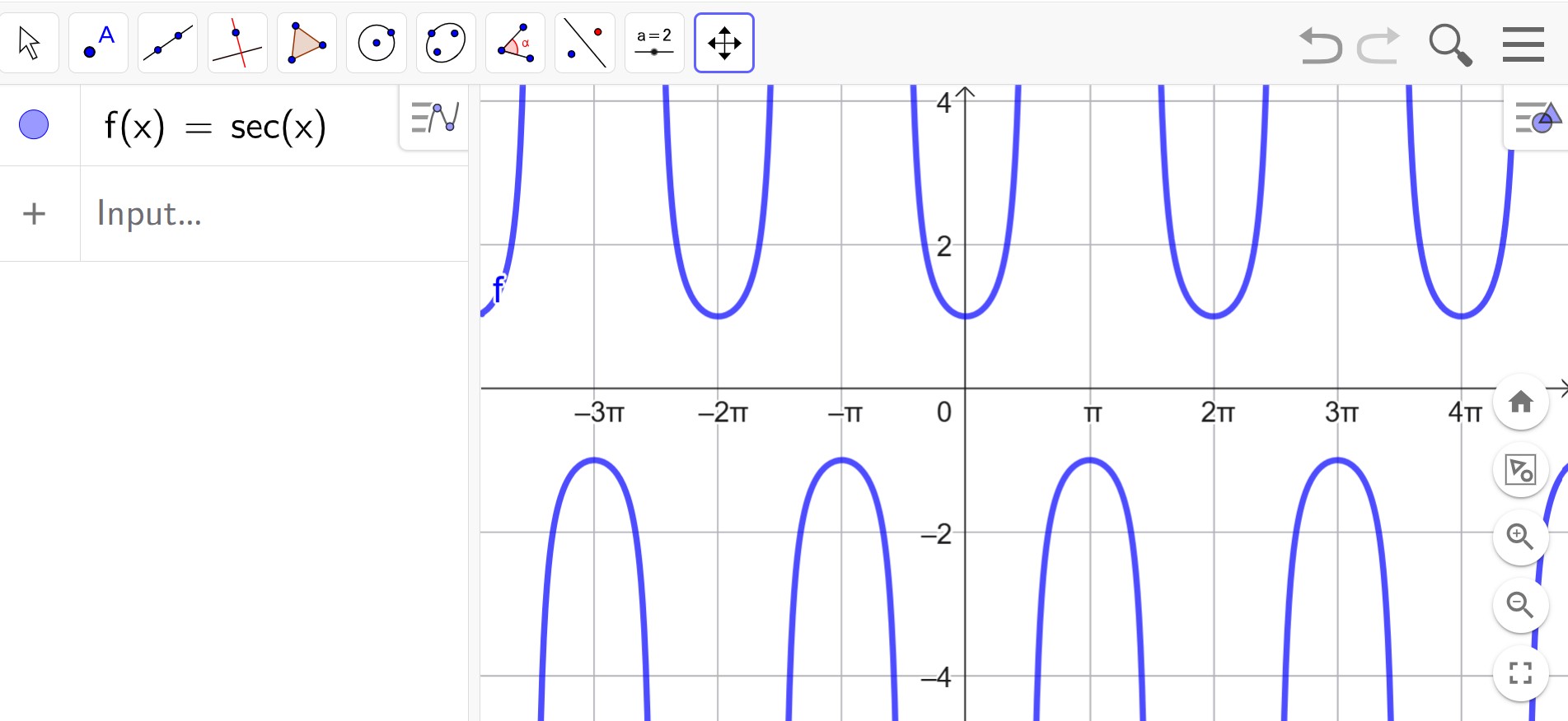 Graph of f(x) = sec(x), shown as repeating U-shaped and inverted U-shaped branches with vertical asymptotes at odd multiples of π/2.