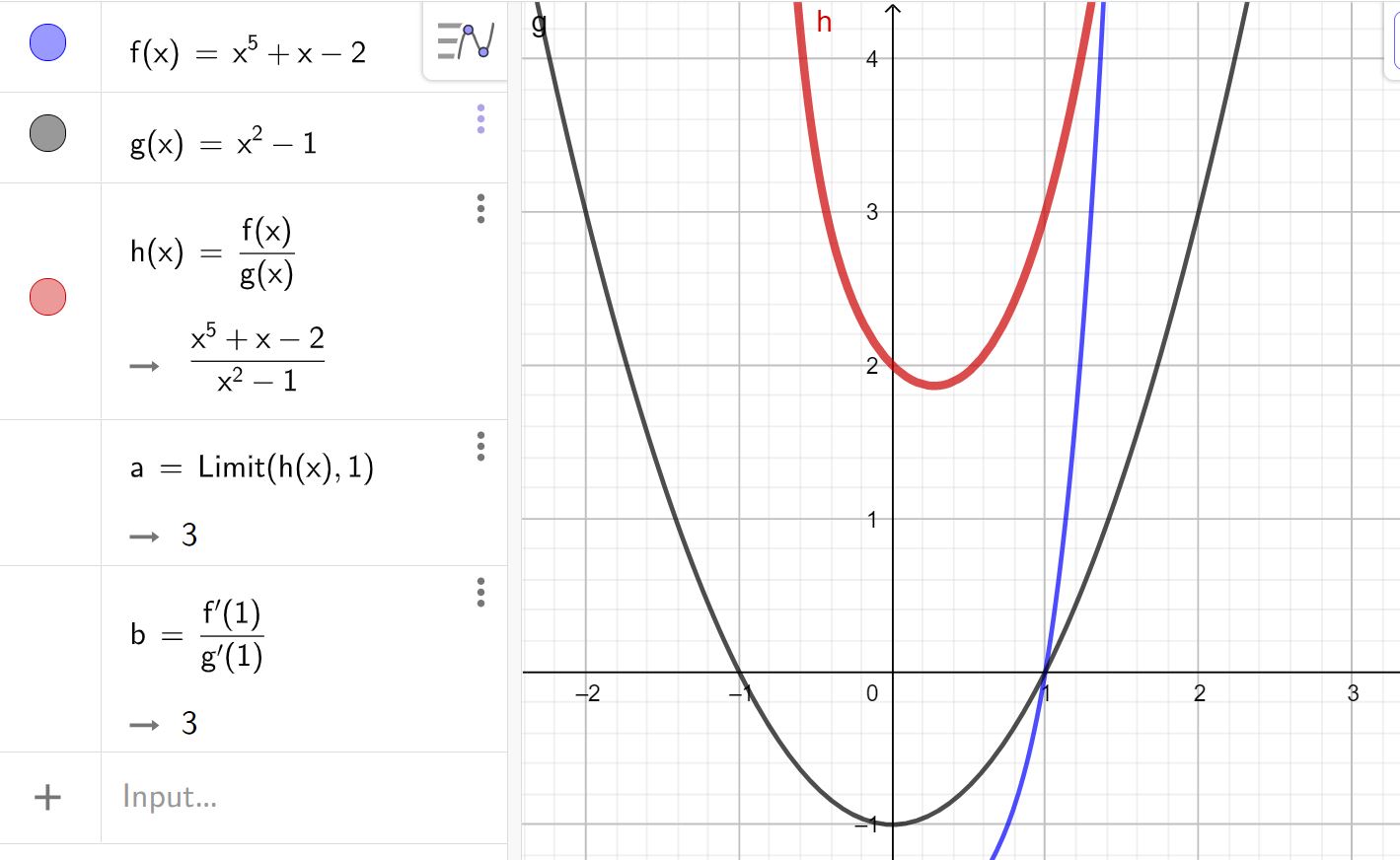 A Geogebra display showing three functions and an expressions panel. In the expressions list on the left, f(x) equals x to the fifth plus x minus 2, g(x) equals x squared minus 1, and h(x) equals f(x) divided by g(x). On the right, three curves are plotted on the same coordinate grid. A black upward‑opening parabola represents g(x). A blue curve with steep growth near x equals 1 represents f(x). A red curve labeled h is drawn above the others and has a minimum near x equals 0. The x- and y-axes are shown with grid lines and tick marks.