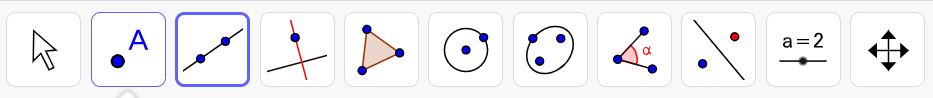 A horizontal toolbar showing construction and annotation tools. From left to right: a mouse pointer icon, a filled point, a capital letter A, a line segment connecting two points, perpendicular axes with a point, a triangle formed by three connected points, a circle with a central point, a circle with two marked points, three connected points forming a polygonal shape, a slanted line with a point, a slider labeled a equals 2, and a four‑arrow move icon.