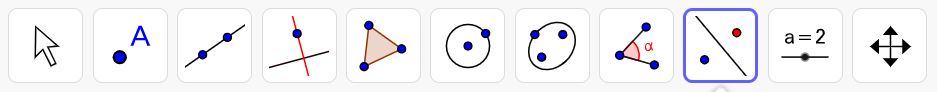 A horizontal toolbar showing geometry and graphing tool icons. From left to right: a mouse pointer icon; a filled blue point; a capital letter A; a line segment connecting two points; perpendicular coordinate axes with a point; a triangle formed by three connected points; a circle with a central point; a circle with two marked points; three points connected by short line segments; a line with a marked point; a slider labeled a equals 2; and a four‑arrow move icon. Each icon appears inside a square button, with one of the point‑connection tools highlighted.