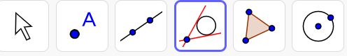 A horizontal toolbar containing drawing and annotation icons. From left to right: a mouse pointer icon, a filled blue point, a capital letter A, a line segment with two endpoints, a curved line drawn inside a rectangular selection outline, a triangle formed by three connected points, and a circle with a central point. Each icon appears inside a square button.